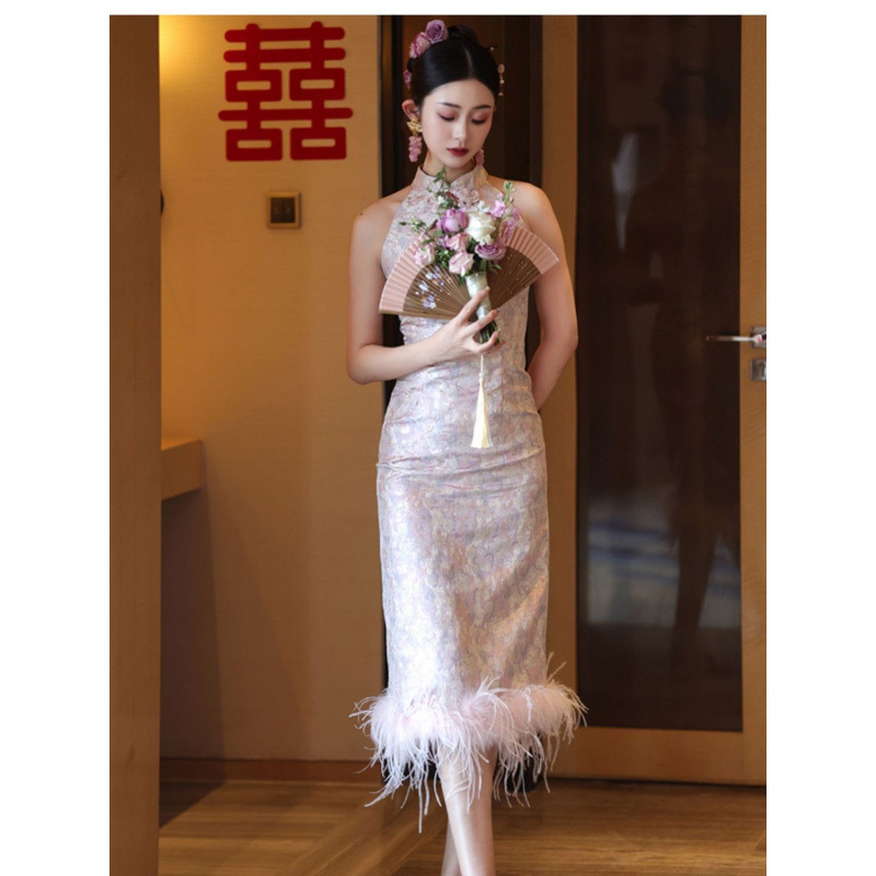 新中式晨袍新娘结婚旗袍敬酒服订婚礼服连衣裙小个子高端轻