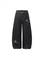 American Retro Star Embroidery Scimitar Jeans for Men and Women, Spring and Autumn Loose Wide-Leg Slimming Baggy Trousers Trendy