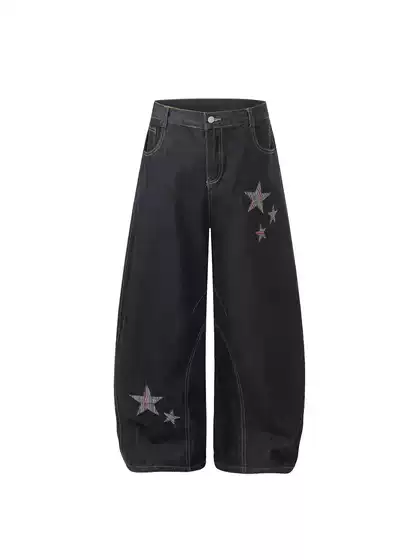 American Retro Star Embroidery Scimitar Jeans for Men and Women, Spring and Autumn Loose Wide-Leg Slimming Baggy Trousers Trendy