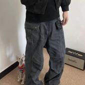 男女cleanfit直筒宽松休闲长裤 牛仔裤 复古多口袋褶皱深灰工装 美式