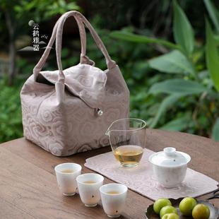 花开茶靡旅行茶具釉下彩渐变陶瓷盖碗茶杯便携功夫茶具 云鹤雅器