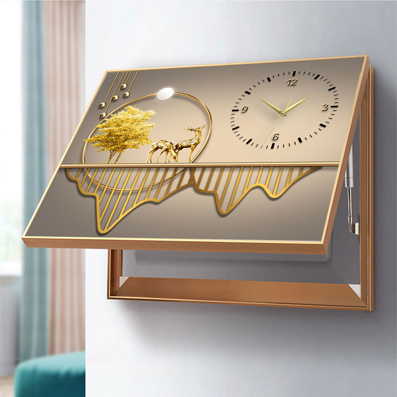 新品电箱遮挡电表箱装饰画带钟表免打孔J挂画客厅挂钟画现代轻奢