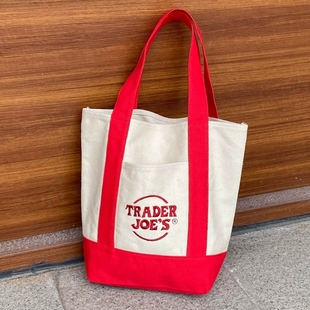 美国潮牌trader joes时尚潮流迷你帆布购物袋手提单肩包拼色女包