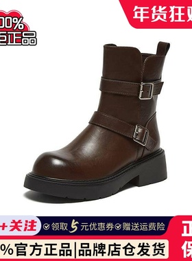 专柜正品2024冬季绑带马丁短靴圆头粗跟女皮靴M5209DD4
