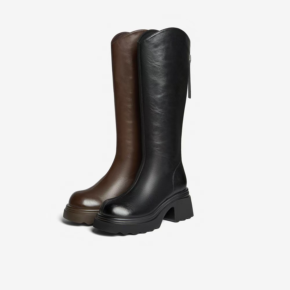 专柜正品百思图2025冬商场新款显瘦V口骑士靴女粗跟长靴F2181DG5