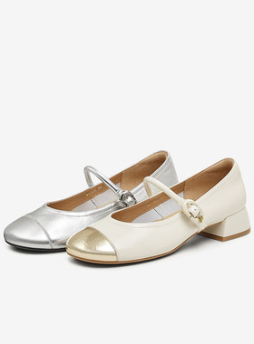 百思图2025春商场新款拼接法式玛丽珍鞋小皮鞋浅口女单鞋RD21EAQ5