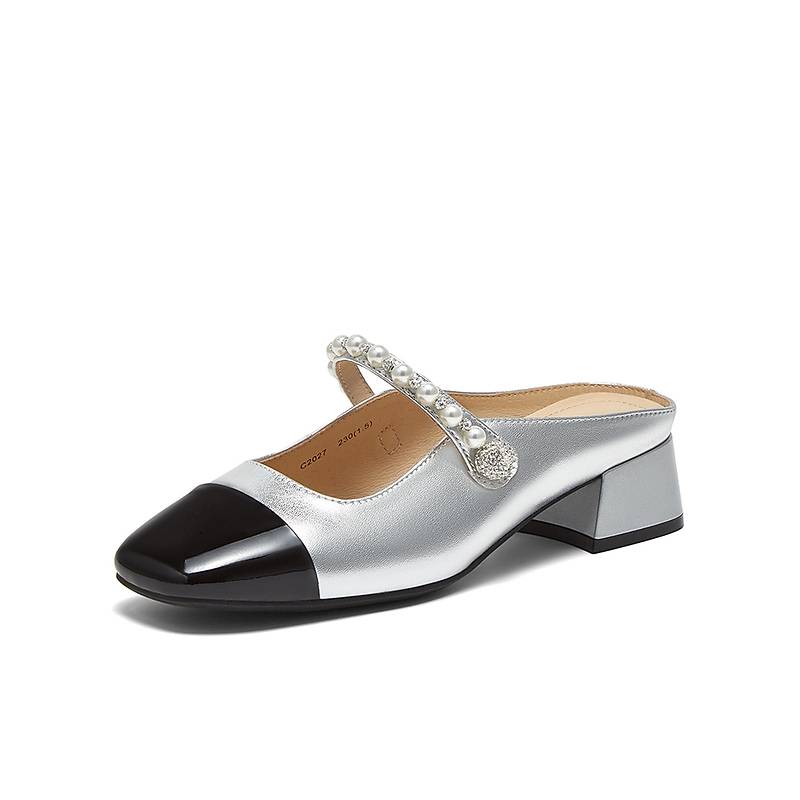 百思图2025夏季新款气质通勤小香风穆勒拖粗跟外穿女拖鞋C2027BH5