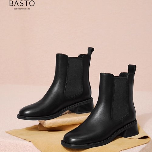 专柜正品百思图2025冬新款女靴英伦切尔西靴通勤粗跟短靴W0801DD5