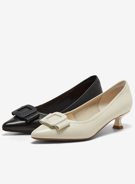 Bata浅口单鞋女2025春季新款羊皮优雅软底通勤高跟鞋25798AQ5