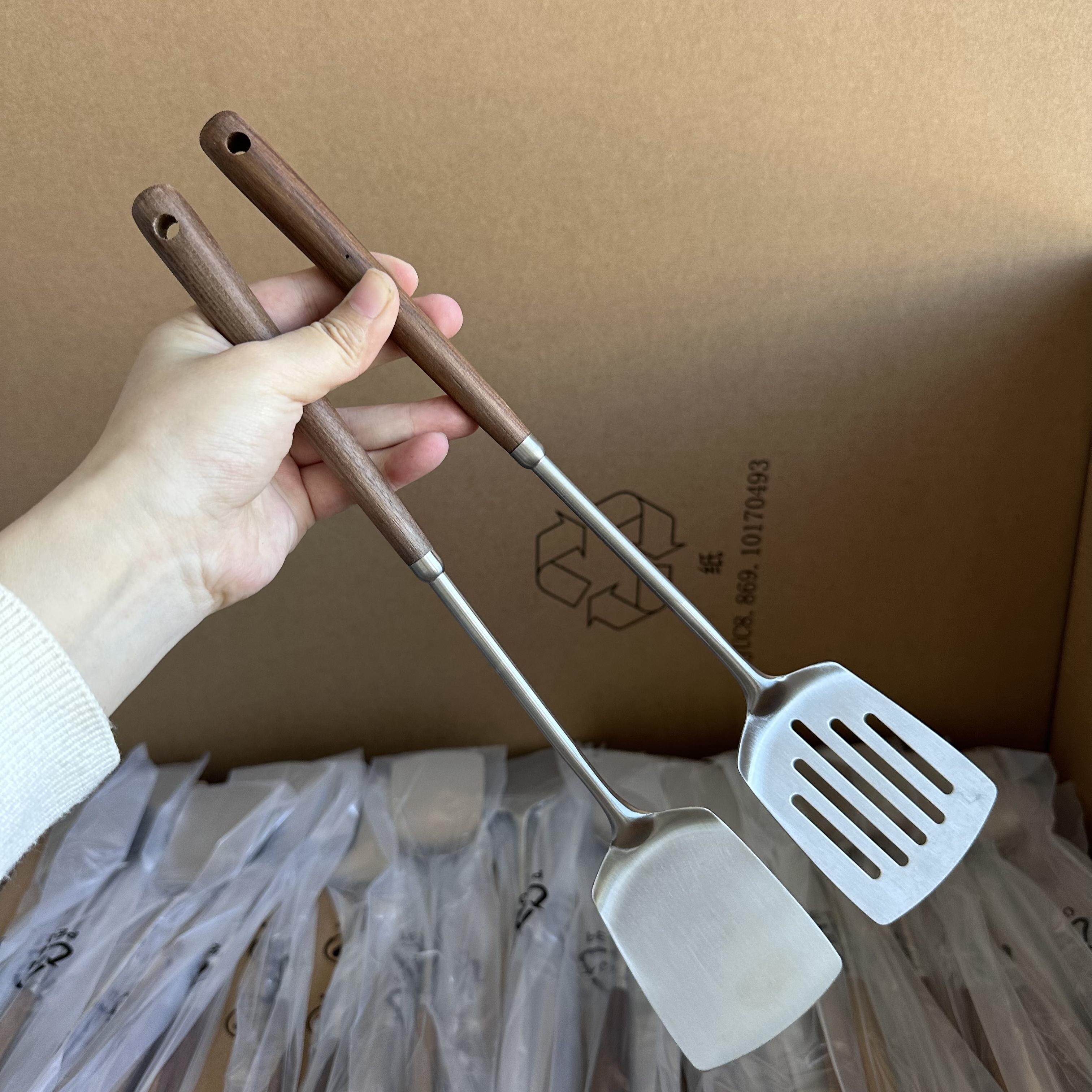 博尚家胡桃木304不锈钢迷你小锅炒菜铲厨具不粘锅铲套装胡桃木铲