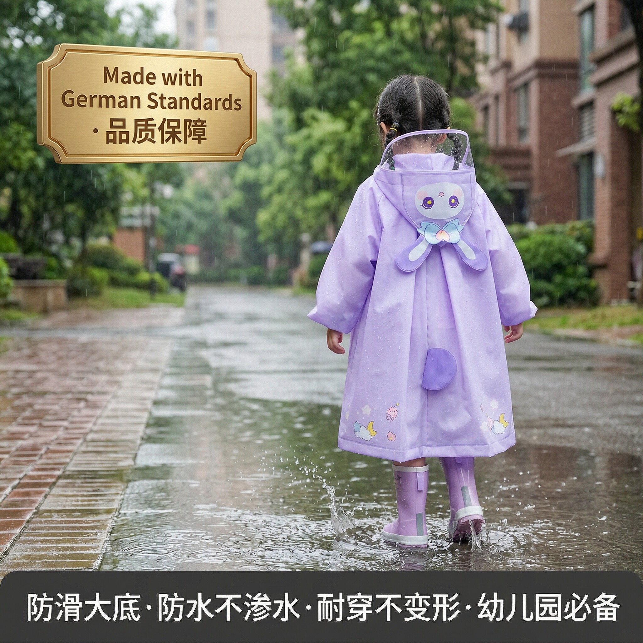 德国品质儿童雨衣女童女孩紫色宝宝小孩雨披幼儿园雨鞋套装防雨服