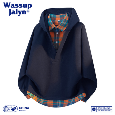 WASSUP假两件华夫格连帽卫衣男