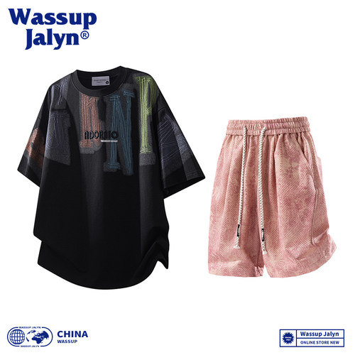 WASSUP JALYN涂鸦字母短袖短裤夏季2026印花高级感休闲运动套装男