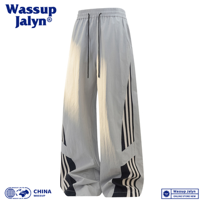 WASSUP JALYN夏季新款休闲运动裤男宽松直筒条纹卫裤拼接撞色裤子