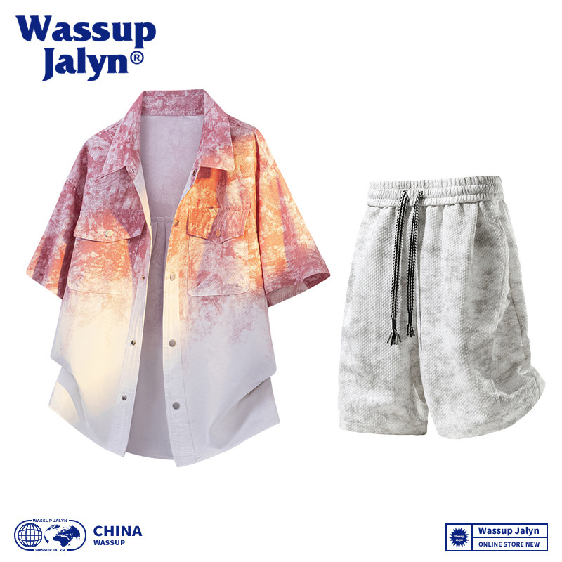 WASSUP JALYN潮牌扎染短袖衬衫套装男款美式夏季渐变衬衣两件套男图片