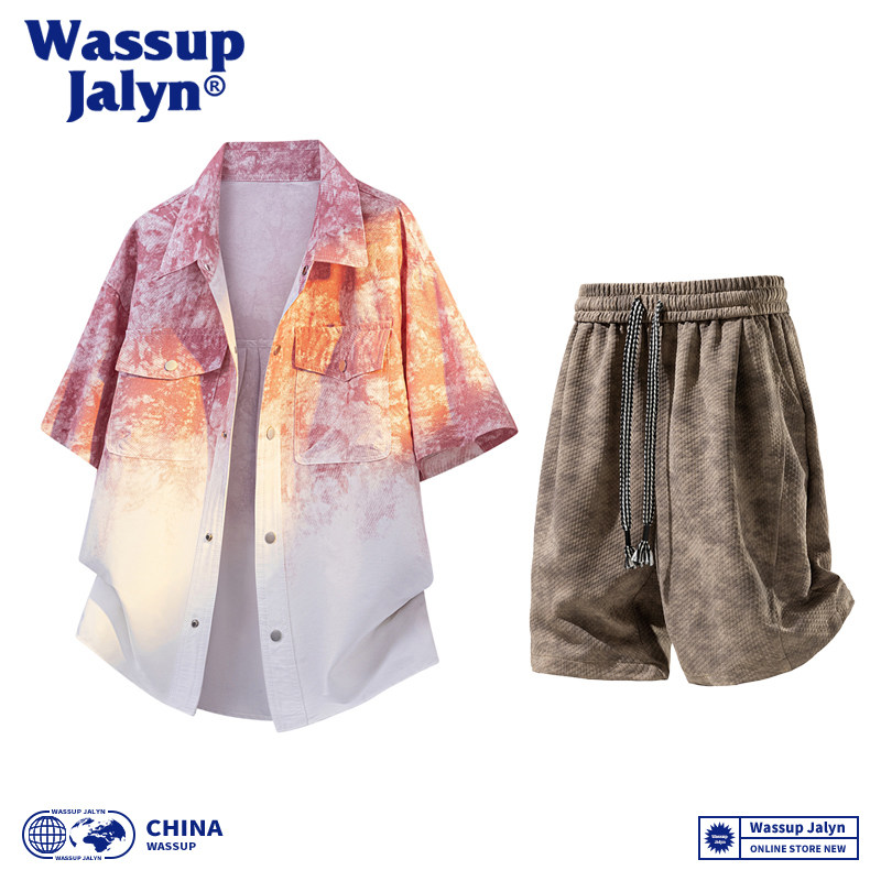 WASSUP JALYN潮牌扎染短袖衬衫套装男款美式夏季渐变衬衣两件套男图片