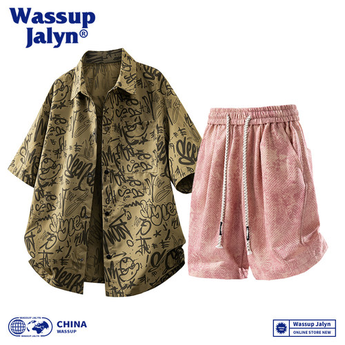 WASSUP JALYN潮牌套装男夏季短袖衬衫男士轻奢运动短裤男款两件套