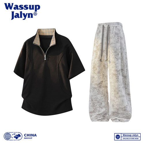 WASSUP JALYN半拉链两件套短袖POLP衫夏季设计感潮流休闲长裤套装