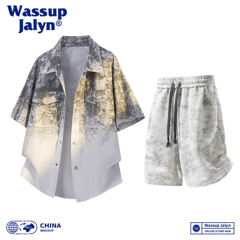 WASSUP JALYN潮牌扎染短袖衬衫套装男款美式夏季渐变衬衣两件套男图片