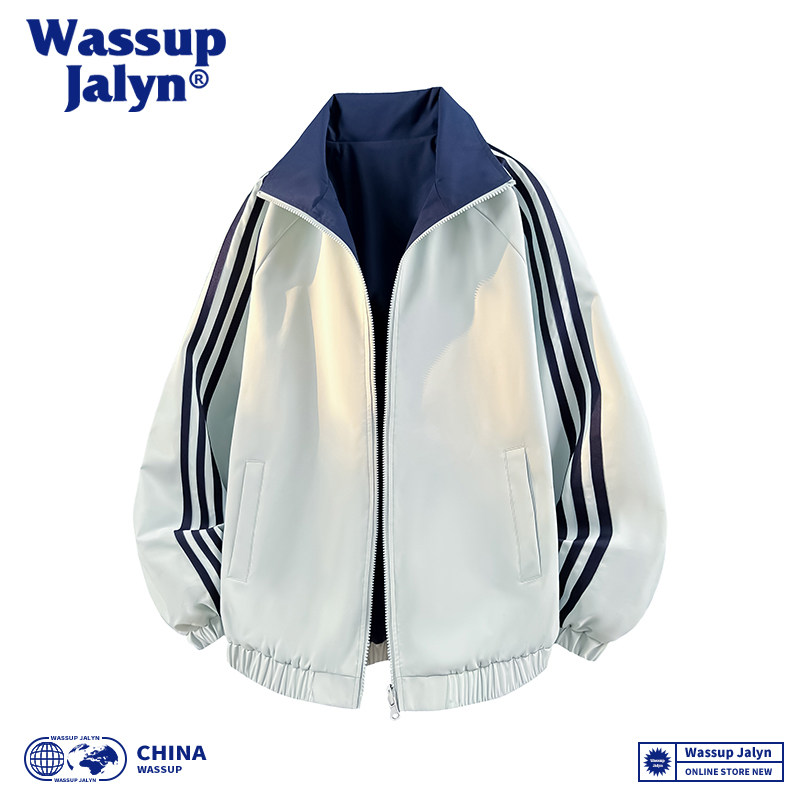 WASSUP JALYN双面穿条纹立领夹克外套男春秋季新款宽松运动上衣服