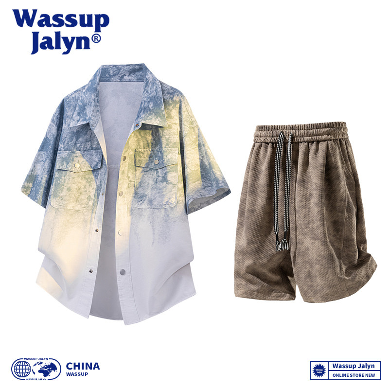 WASSUP JALYN潮牌扎染短袖衬衫套装男款美式夏季渐变衬衣两件套男图片