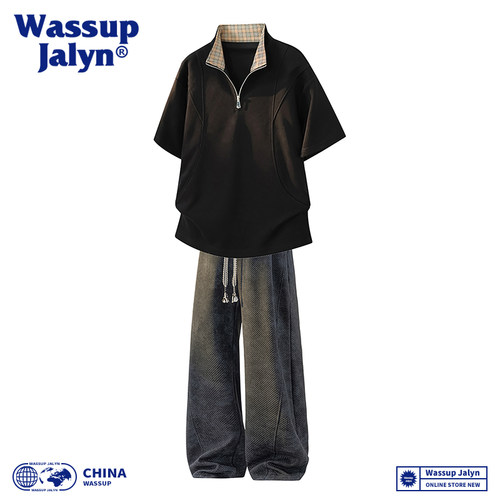 WASSUP JALYN半拉链两件套短袖POLP衫夏季设计感潮流休闲长裤套装