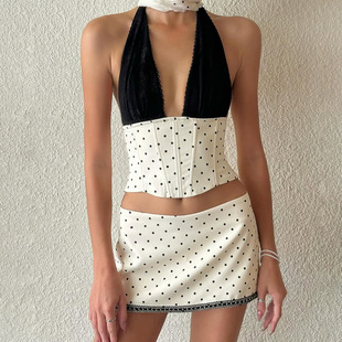 neck suspender high skirt 深V挂脖吊带高腰半身 waisted Deep