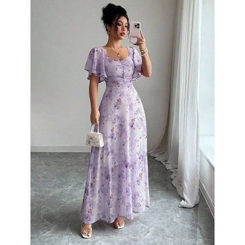 Women's Sweet French Style Mini Dress with Purple Butterfly