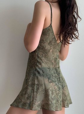 Sexy perspective slit halter dress  性感透视开叉吊带连衣裙女