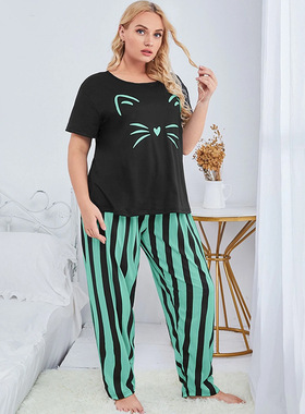 Round neck striped pants pajamas for women圆领条纹长裤睡衣女