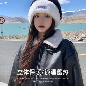 毛线帽女秋冬毛绒绒帽子百搭粉色包头显脸小冷帽保暖大头围针织帽