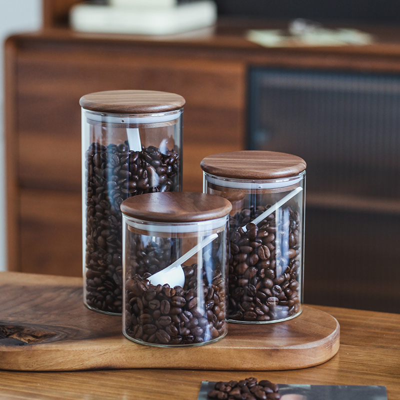 带勺黑胡桃木盖咖啡豆密封罐