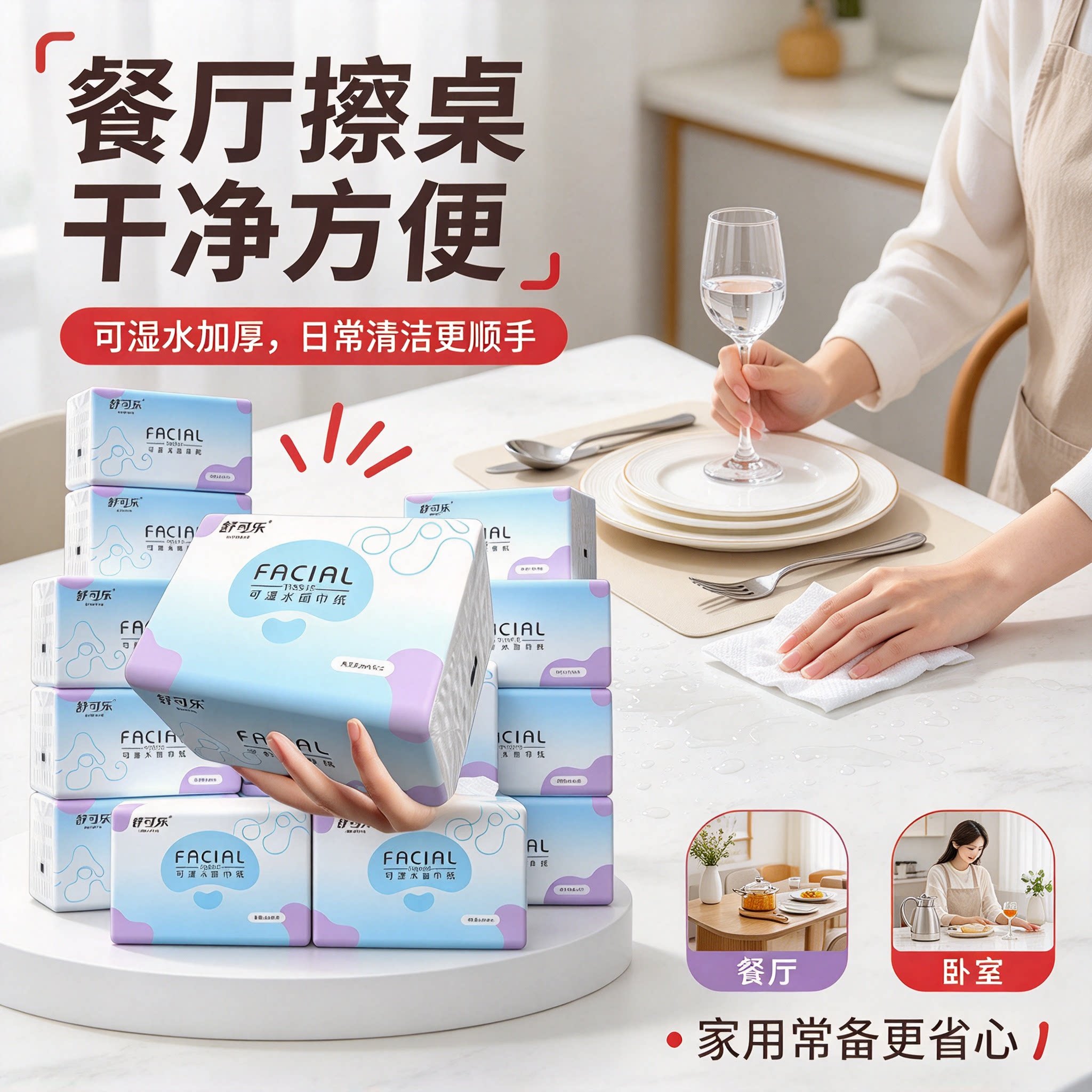 【舒可乐】可湿水加厚抽纸家用原生浆餐厅擦桌干净方便面巾纸