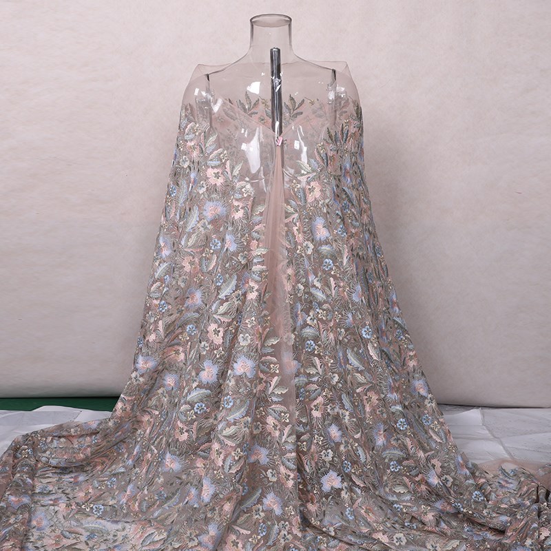 雅粉花朵蕾丝网纱蕾丝妈妈装连衣裙婚礼婚宴礼服服装刺Z绣布料面