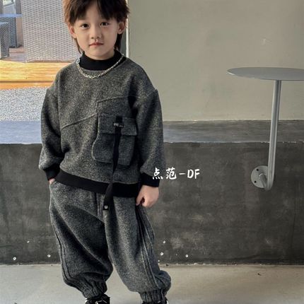 男童加绒卫衣套装儿童深秋冬衣服休B闲两件套2024潮男孩运动一体