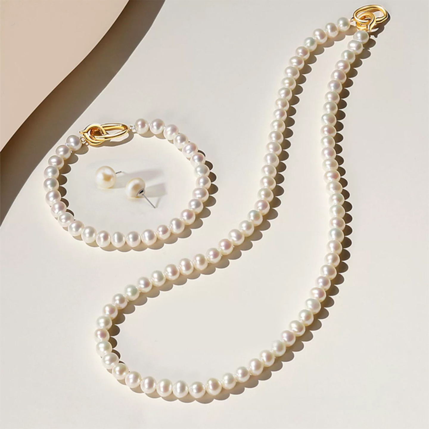 天然淡水珍珠项链+手链+耳钉女款