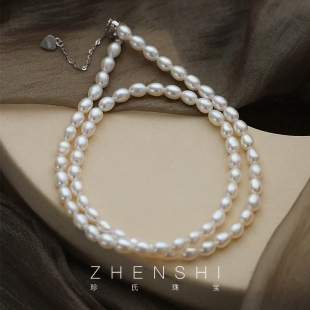 轻奢锁骨链颈链女款 百搭法式 时尚 珍氏珠宝天然淡水米型珍珠项链