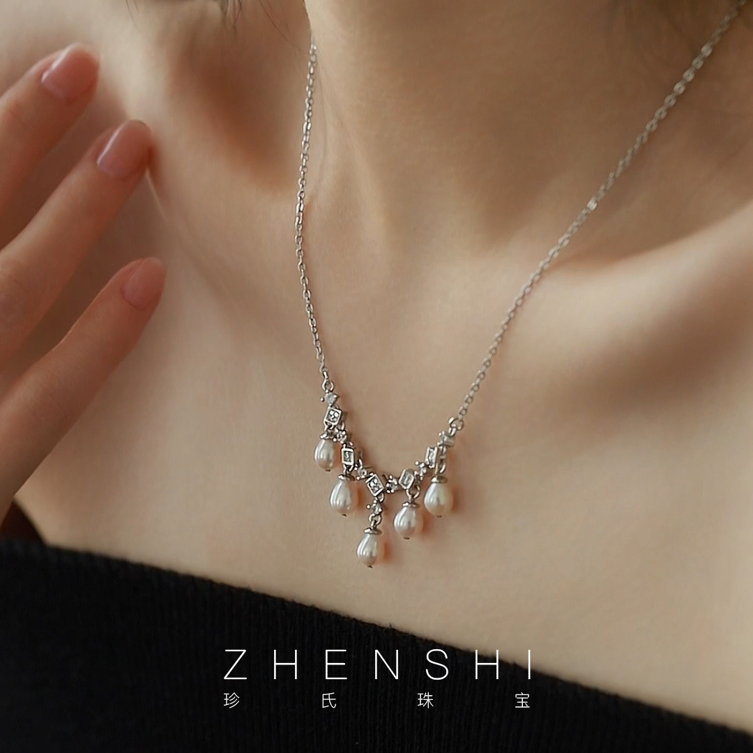 天然淡水米粒形珍珠项链女
