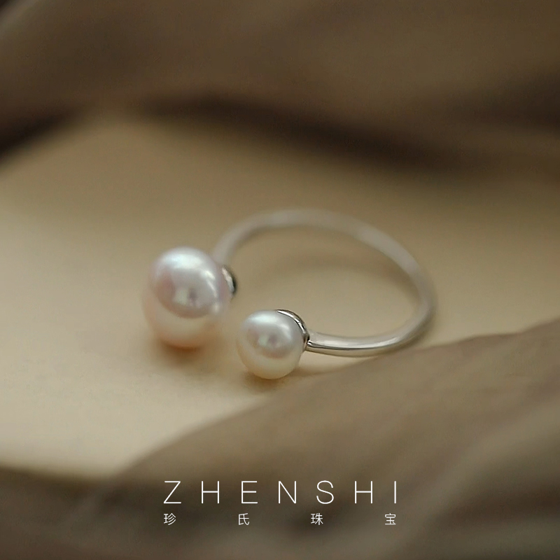 珍氏珠宝天然淡水珍珠戒指女款 双珠时髦百搭轻奢可调节款开口戒