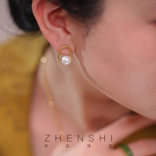 珍氏珠宝天然淡水珍珠耳钉女款 法式小众简约日常猪鼻子耳环耳饰