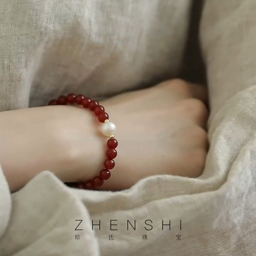 珍氏珠宝天然淡水珍珠手链女 S925银法式轻奢高级感玛瑙弹力手串