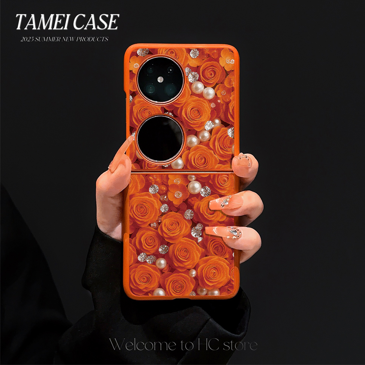 橙色金属漆皮纹折叠珍珠玫瑰适用于华为POCKET2手机壳手链小米XFLIP复古高级感华为华为MATEX3全包防摔保护套