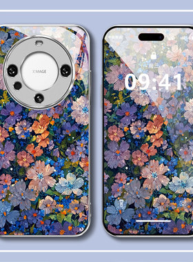 适用于华为mate60pro简约个性nova12/13紫色夜花magic5蓝色满屏花朵p70高级感油画风x40/x50电镀荣耀50玻璃壳