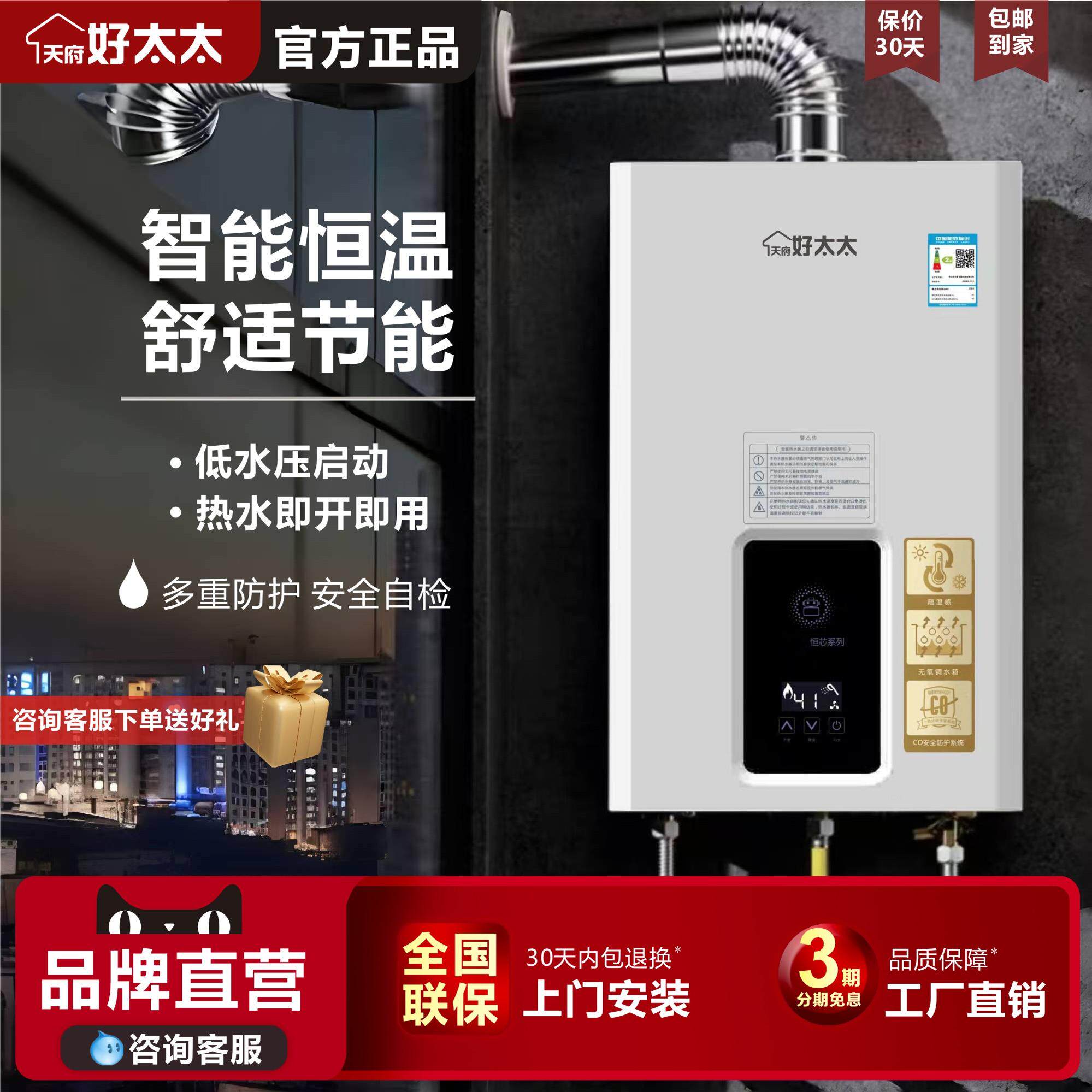 天府好太太强排式智能燃气热水器大屏触摸天然气洗澡瓶装煤气12升