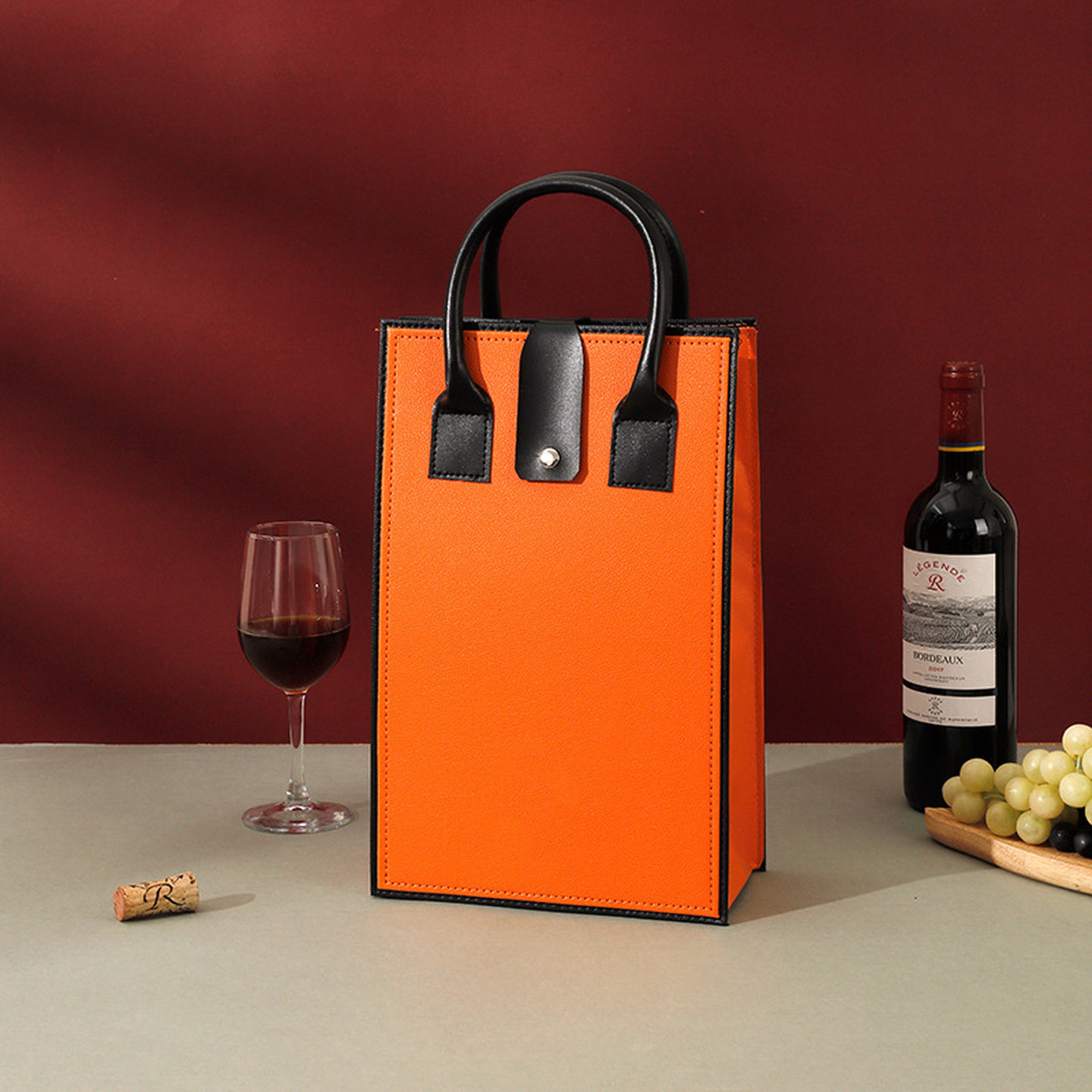 红酒礼盒双支装高档手提袋葡萄酒包装开窗镂空红酒包装盒硬提竖款
