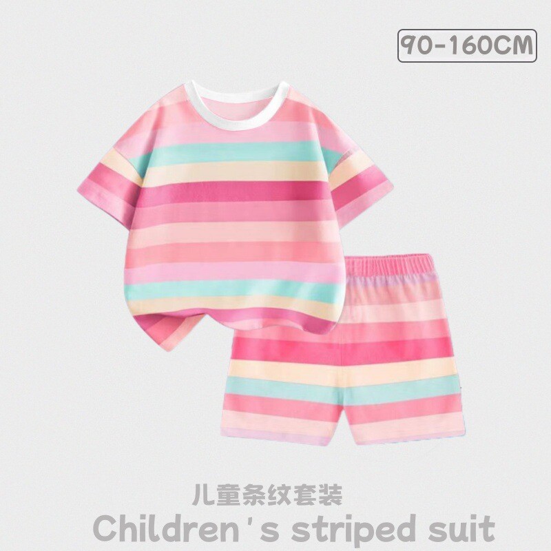 君鸿月儿童条纹套装夏季童装短袖t恤休闲短裤女童夏天衣服洋气