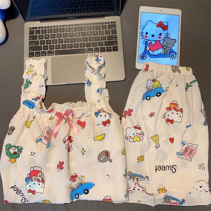 君鸿月儿童ins可爱卡通HelloKitty吊带短裤睡衣夏天女日系女家居