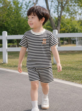 君鸿月新款夏季儿童短袖套装条纹女童男童t桖夏季宝宝婴儿衣服韩