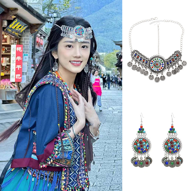 复古民族风苗族流苏钱币额头链头饰云南丽江旅游眉心坠女藏族发饰