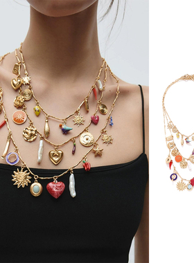 多层叠戴爱心辣椒串珠锁骨链